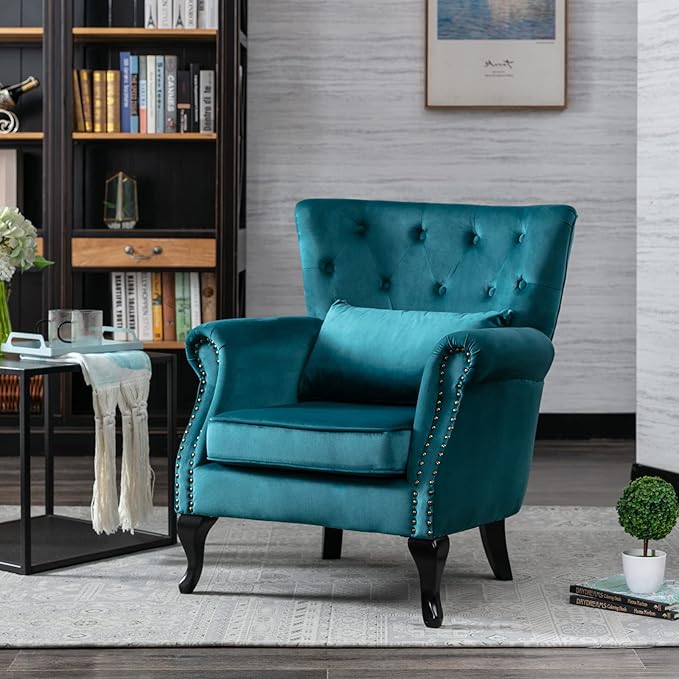 chairus Mid-Century Modern Accent Chairs Set of 2, Comfy Tufted Single Sofa Chair Wingback Armchair with Pillow for Club, Living Room, Bedroom - Velvet, Teal