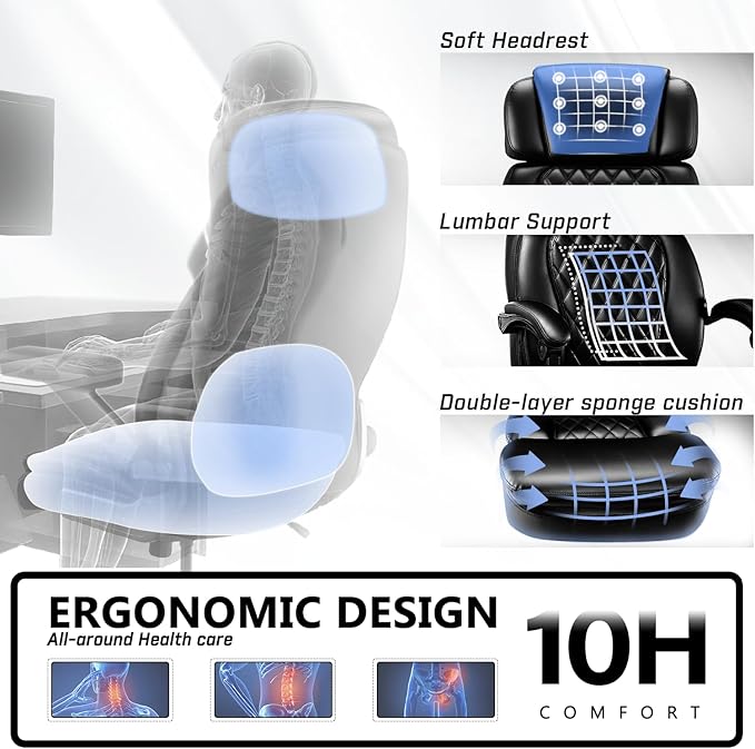 400lbs Executive Office Chair with Foot Rest for Heavy People, Ergonomic Big and Tall Desk Chair with Adjustable Headrest, High Back PU Leather Comfy Heavy Duty Computer Chair