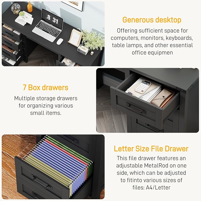 Vabches Farmhouse 60.6” Executive Desk with 7 Drawers, Computer Desk with File Drawer for Hanging Files A4, Workstation for Home Office, Study.Black