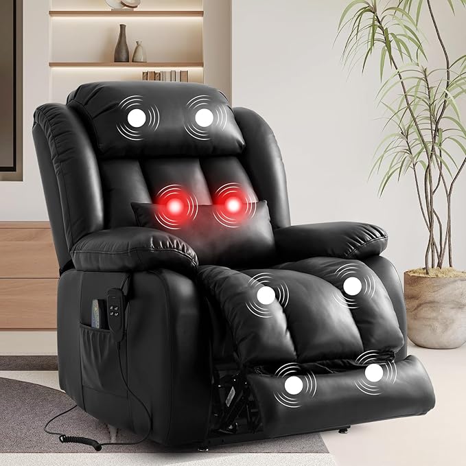 TEKAMON Power Lift Recliner Chair for Elderly with Heat & Massage, Dual Motor Genuine Leather Recliner, Lay Flat Sleeping Chairs with Infinite Position, RemoteControl(Black, Extended)
