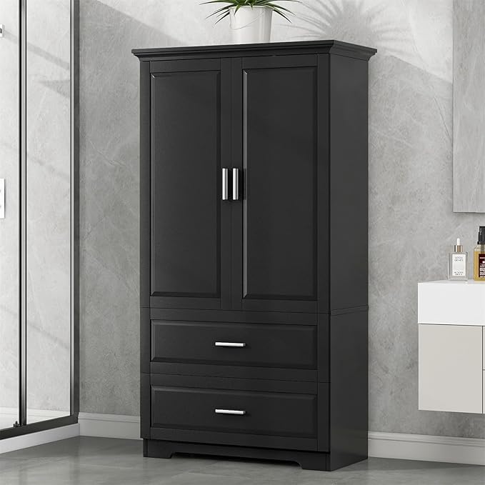 Polibi Tall Storage Cabinet with 2 Drawers, 3-Tier Adjustable Shelves & 2 Doors, Floor Free-Standing Cabinet for Bathroom, Living Room, Black, 63.2" H*32" W