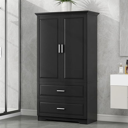 Polibi Tall Storage Cabinet with 2 Drawers, 3-Tier Adjustable Shelves & 2 Doors, Floor Free-Standing Cabinet for Bathroom, Living Room, Black, 63.2" H*32" W