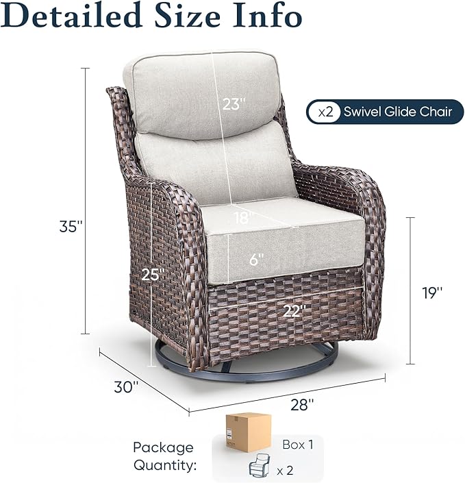 Belord Luxury 6" Thick Cushioned Outdoor Swivel Rocker Patio Chairs of 2, High Back Wicker Patio Furniture Set with Ergonomic Zone Back, Conversation Glider Set for Deck Porch - Brown+Beige