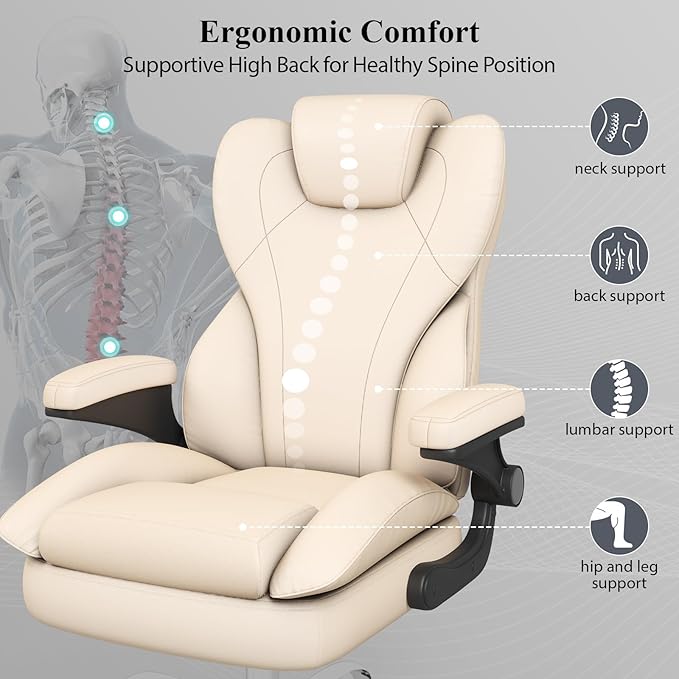 Office Desk Chair, Executive Leather Office Chair, High Back Ergonomic Home Desk Chair with Padded Flip-up Arms, Big and Tall Computer Chair with Rocking Function, 360°Swivel Free, Beige