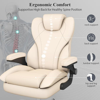 Office Desk Chair, Executive Leather Office Chair, High Back Ergonomic Home Desk Chair with Padded Flip-up Arms, Big and Tall Computer Chair with Rocking Function, 360°Swivel Free, Beige