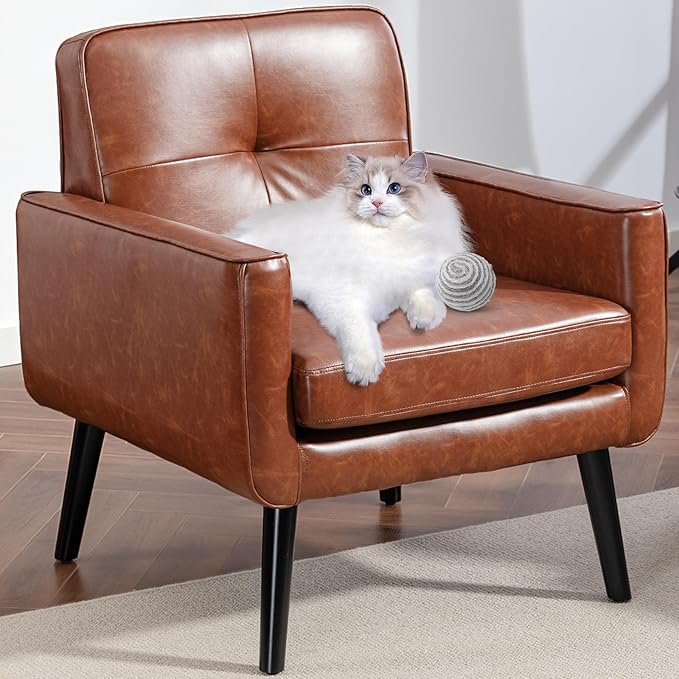 Mid Century Accent Chair, PU Leather Modern Chair with Wooden Frame, Cozy Armchair Reading Chair with Comfy Back for Apartment, Living Room, Bedroom, Waiting Room, Small Space, Corner, Brown