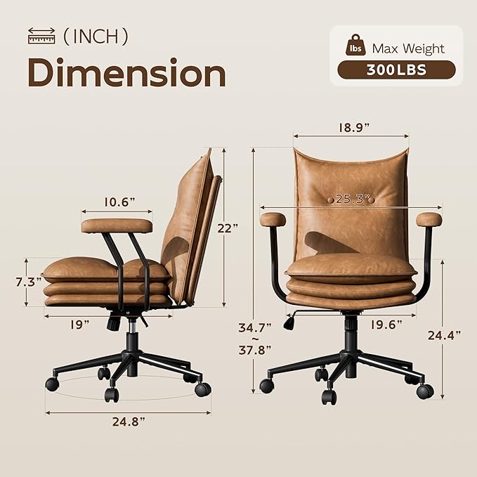 Brown Leather Office Chair with Wheels, Triple-Layers Thicken Wide Seat Height Adjustable, Mid-Century Modern Comfy Desk Chair for Home, Office