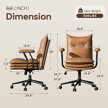 Brown Leather Office Chair with Wheels, Triple-Layers Thicken Wide Seat Height Adjustable, Mid-Century Modern Comfy Desk Chair for Home, Office
