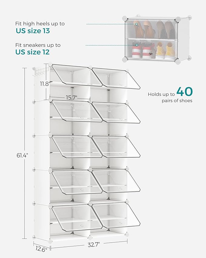 SONGMICS Shoe Rack Organizer, 10-Tier Shoe Storage Cabinet for Closet and Entryway, Holds 40 Pairs of Shoes, Adjustable, Cloud White and Trasparent ULPC035W01