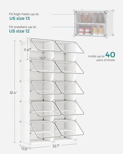 SONGMICS Shoe Rack Organizer, 10-Tier Shoe Storage Cabinet for Closet and Entryway, Holds 40 Pairs of Shoes, Adjustable, Cloud White and Trasparent ULPC035W01