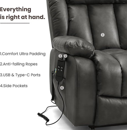 PARKOL Dual Motor Power Lift Recliner Chair for Elderly, 180-Degree Infinite Position Lay Flat Leather Recliner Chairs, with Massage and Heating, USB & Type-C Port and Remote (Sliver Gray, Medium)