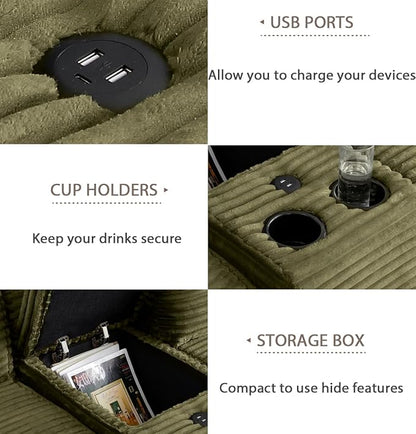150" Oversized Modular Sectional Sofa,Deep Seat Cloud Corduroy Boneless Couch with Cup Holders,USB Ports, Wireless Charging & Storage Box,Upholstered Modular Sleeper Sofa for Living Room (Green)