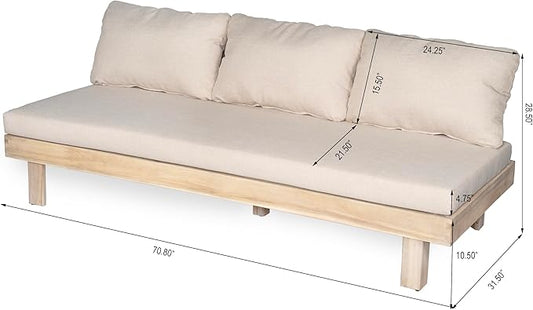 Christopher Knight Home Topia Acacia Wood Outdoor 3 Seater Sofa with Cushion, Wooden Patio Sofa Couch with Cushion, Comfy Armless Cloud Sofa Couch, Patio Furniture Sofa Set, Light Wash+Beige