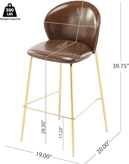 Christopher Knight Home Kira Indoor Upholstered Barstool with Metal Frame Set of 2, Bar Chairs Kitchen Stools, Comfy Faux Leather Bar Seating for Island Kitchen, 29.5''Seat Height, Dark Brown+Gold