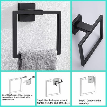 Bathroom Hardware Set Bathroom Accessories Set SUS304 Towel Bar Set Includes Towel Bar Inch+Towel Holder+Toilet Paper Holder+Towel Hook (10, Matte Black-Paper Holer with Cover+Towel Ring)