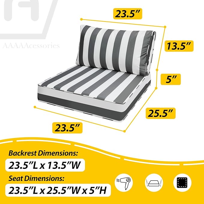 AAAAAcessories Outdoor Deep Seat Cushions, Waterproof, Fade-Resistant Patio Furniture Replacement Cushions, 23.5" x 25.5" x 5" + 23.5" x 13.5", Gray Cabana Stripe