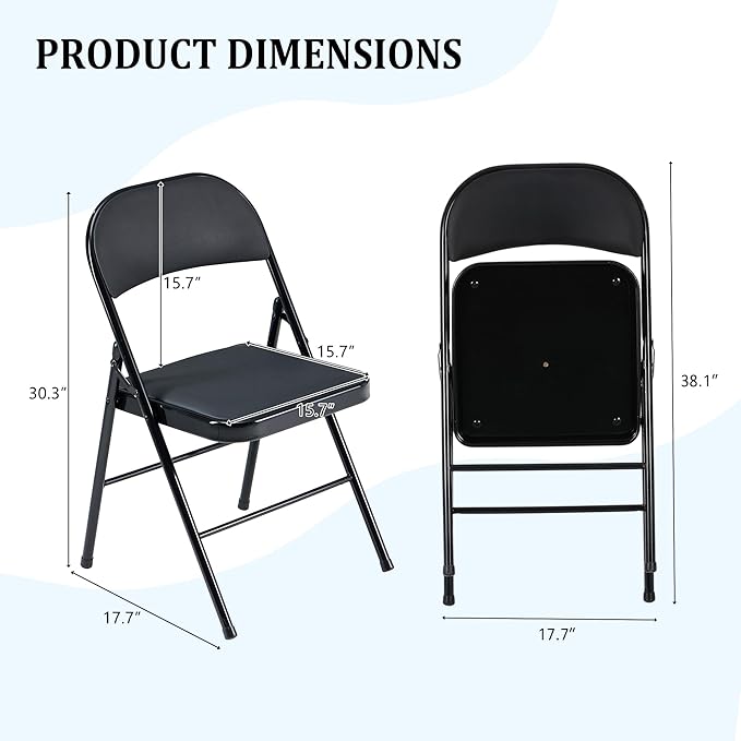 4 Pack Black Folding Chairs with Padded Cushion and Back, Portable Heavy Duty Metal Frame Commercial Seat with 330-LBS Capacity, Foldable Indoor Outdoor Chairs for Office Party Events Kitchen Dinning