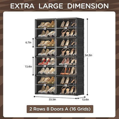 Black Shoe Rack Organizer Cabinet for Closet Entryway,Clear Shoe Storage Boxes Stackable Sneaker Storage with Door Easy Assembly Shoe Cabinet with Lids Large 8 Tiers 32 Pairs