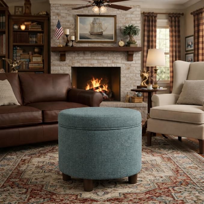 Homepop Home Decor | Upholstered Round Storage Ottoman | Ottoman with Storage for Living Room & Bedroom, Teal Tweed Large