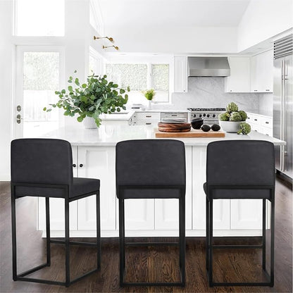 PHI VILLA Black Leather Bar Stools Set of 3, Counter Height Bar Chairs Modern Faux Leather Stools for Kitchen Island, 24 inch Barstools with Back