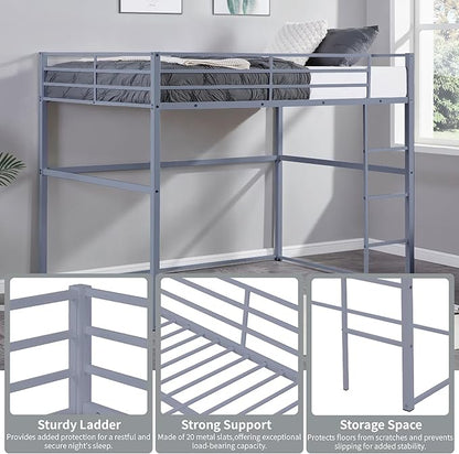 Metal Loft Bed Twin Size, Loft Bed Frame with Safety Guard Rails & Flat Ladder, Twin Loft Bed for Kids Teens Adults