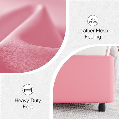 Pink Twin Bed Frame with LED Lights, Faux Leather Upholstered Platform with Silver Wingback Headboard, Modern Style, No Box Spring Needed, Easy Assembly