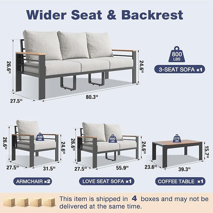 Aoxun Aluminum Patio Furniture Set 3 Seats, Oversized Outdoor Sectional with Washable Thick Cushions, Coffee Table and Waterproof Cover, Patio Conversation Sets for Porch, Balcony, Deck