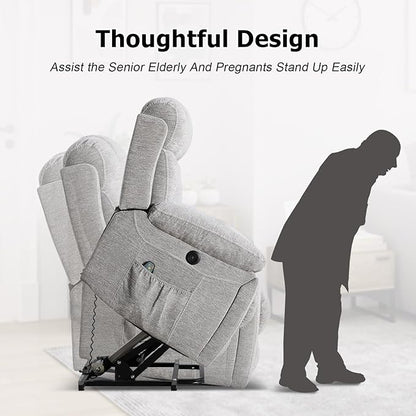 Large Power Lift Recliner Chair with Massage and Heat for Elderly, Wide Padded Recliner with 2 Cup Holders, Side Pocket & USB Charger,(1, Light Gray)