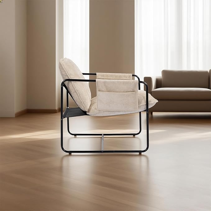 Modern Accent Chair Comfortable Living Room Chairs with Armrests, Bedroom Reading Chair, Chenille Upholstered Lounge Metal Chair