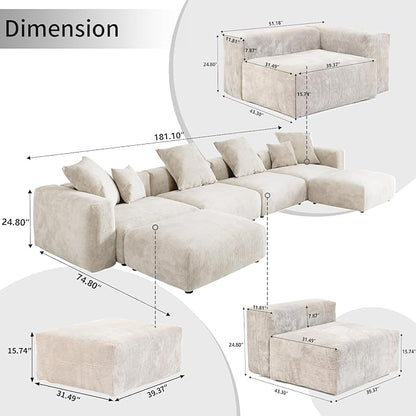 WJShome Cloud Couch Modular Sectional Sofa,181.1inch U Shape Couch,Oversized Corduroy Couches with Ottoman and 6 Pillows,Cushion Covers Removable& Washable,Beige