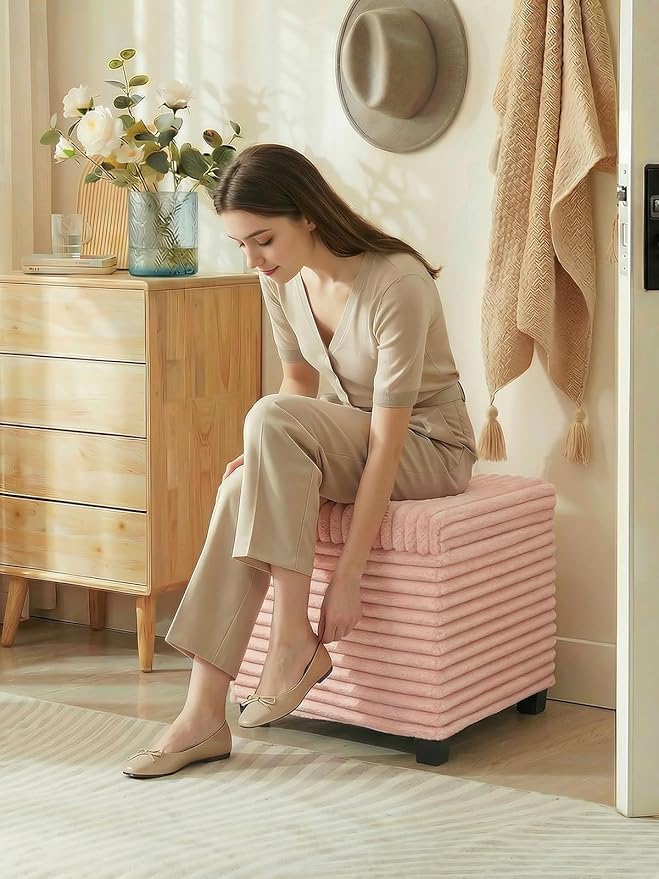 17.7 inches Faux Fur Ottomans Cube with Legs, Metal Framed Vanity Stool Chair Storage Ottoman Foot Rest Stool, Holds 770 LB for Dorm Living Room Bedroom Pink UASND643P