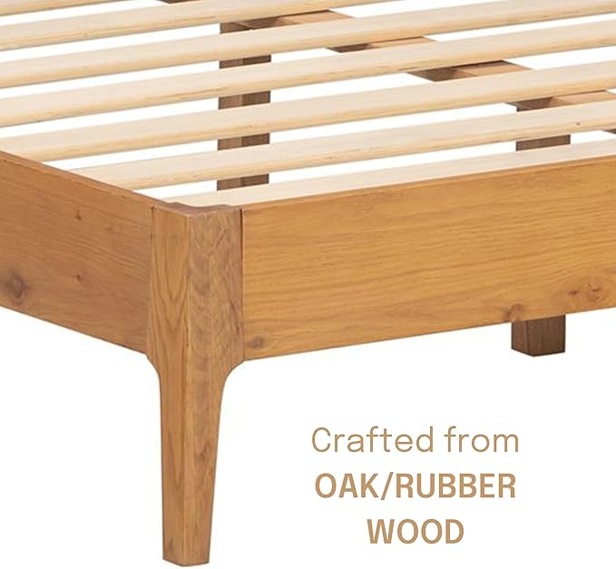 NTC Ruby Wooden Bed Frame with Headboard and Natural Rattan, Solid Oak/Rubber Wood Foundation with Silent Slats, 1000 Lb Capacity, Effortless Assembly - King - Rustic Oak