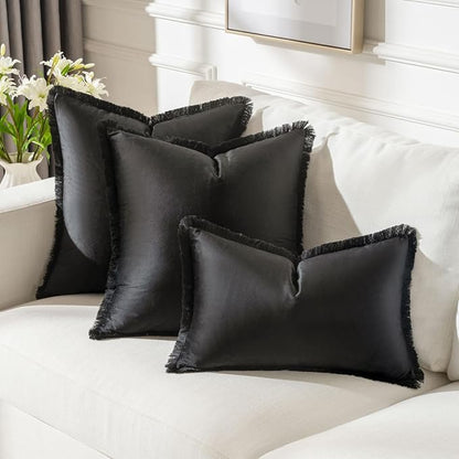 FUTEI Black Velvet Decorative Throw Pillow Covers 26x26 Set of 2,Soft Cozy Edge with Tassels Euro Pillow Shams,Boho Modern Home Decor for Couch Bed Living Room