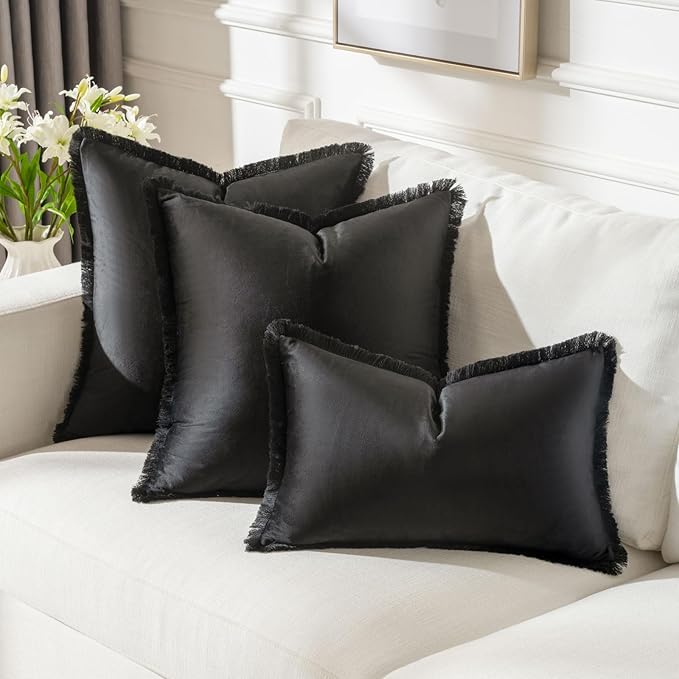 FUTEI Black Velvet Decorative Throw Pillow Covers 24x24 Set of 2,Soft Cozy Edge with Tassels European Cushion Case,Boho Modern Home Decor for Couch Bed Living Room