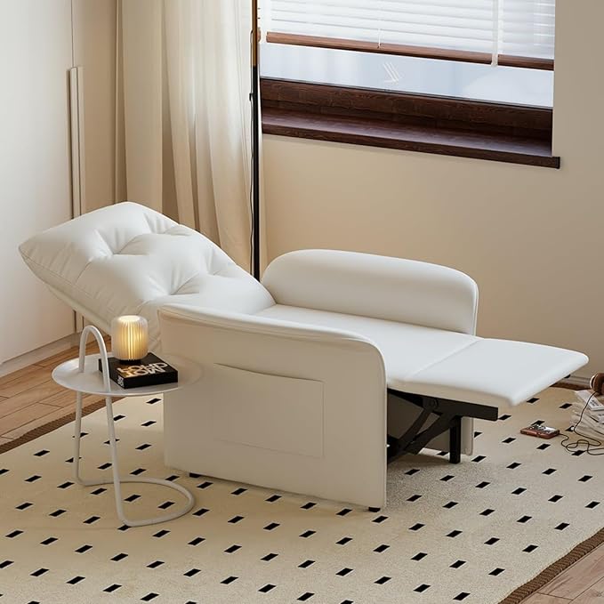 homary Power Recliner Accent Chair with Side Pocket High-Back 180° Recline Faux Leather Living Room Chairs, Comfy Chair for Bedroom Reading (White)