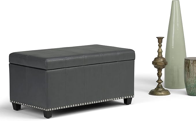 SIMPLIHOME Amelia 33 inch Wide Transitional Rectangle Storage Ottoman Bench in Stone Grey Vegan Faux Leather, Assembled, For the Living Room, Entryway and Family Room