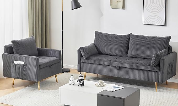 Furnimart 3-Seater Storage Sofa and Couch, Corduroy Loveseat with Accent Single Chair, Small Living Room Furniture Set for Apartment, Tiny Homes and Lofts, 2PC-Gray