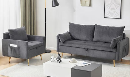 Furnimart 3-Seater Storage Sofa and Couch, Corduroy Loveseat with Accent Single Chair, Small Living Room Furniture Set for Apartment, Tiny Homes and Lofts, 2PC-Gray