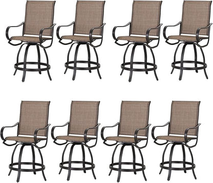PHI Villa Outdoor Swivel Bar Stools Set of 8, Counter Height Patio Chairs with Waterproof Textile Fabric Brown, Rustproof Metal Frame & Circular Footrest for Poolside, Garden, Yard