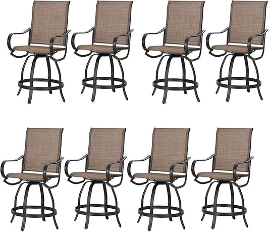 PHI Villa Outdoor Swivel Bar Stools Set of 8, Counter Height Patio Chairs with Waterproof Textile Fabric Brown, Rustproof Metal Frame & Circular Footrest for Poolside, Garden, Yard