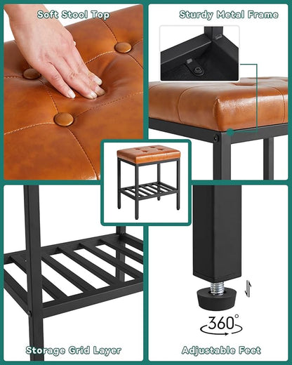 IBUYKE Rectangular Makeup Stool with Adjustable Feet and Storage Space, Footrest Chair, PU Vanity Seat, Multi-Use as Small Side Table or Ottoman, for Bedroom, Light Brown WBD017J
