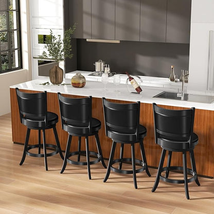 COSTWAY Bar Stools Set of 4, 360 Degree Swivel, 24" Accent Wooden Swivel Seat Counter Height Bar Stool, Leather Upholstered Design, PVC Cushioned Seat, Perfect for Dining and Living Room (Height 24")