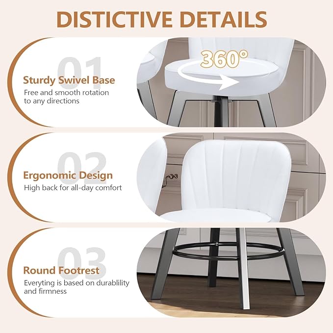 MINCETA Bar Stools Set of 2, PU Leather Barstools, 26 Inch Upholstered Counter Stools with Backrest and Footrest, Swivel Counter Height Barstools for Kitchen Island Home Bar White