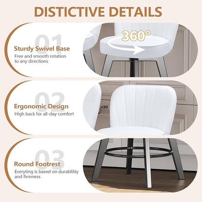 MINCETA Bar Stools Set of 4, PU Leather Barstools, 26 Inch Upholstered Counter Stools with Backrest and Footrest, Swivel Counter Height Barstools for Kitchen Island Home Bar White