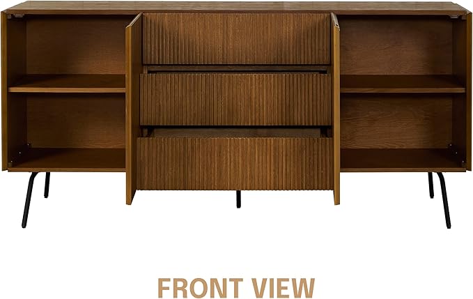 NTC Veil Large Sideboard with 2 Doors and 3 Drawers, Buffet Cabinet with Vertical Groove Design and Metal Legs, Storage Cabinet for Living Room, and Entryway, Effortless Assembly - Rustic Oak