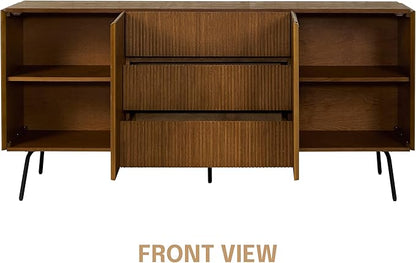 NTC Veil Large Sideboard with 2 Doors and 3 Drawers, Buffet Cabinet with Vertical Groove Design and Metal Legs, Storage Cabinet for Living Room, and Entryway, Effortless Assembly - Rustic Oak