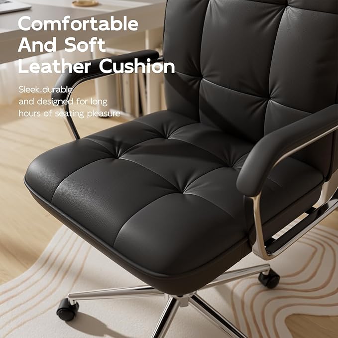 Black Leather Office Desk Chair, Swivel Computer Home Office Desk Chair with Wheels and Padded Arms, Adjustable Height and Tilt