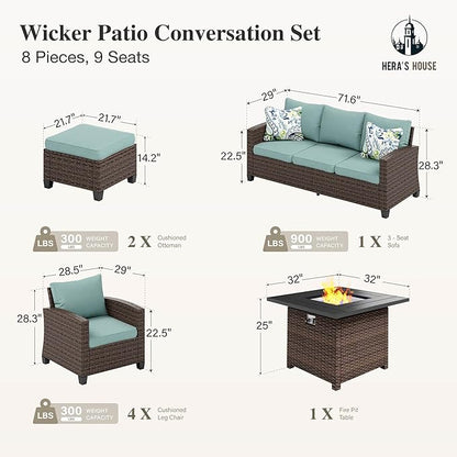 HERA'S HOUSE Wicker Patio Furniture Set with Fire Pit, 8 Pieces Outdoor Sectional Conversation Sets, Deep Seating Sofa for Lawn Deck Garden, Blue