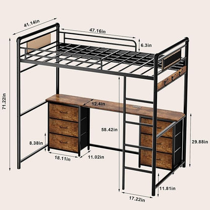 Loft Bed with Desk, Gaming Bunk Bed with Stairs, Twin Metal Loft Bed Heavy Duty Loft Beds for Adults, 6 Fabric Drawers, LED Lights & Charging Sation, No Noise & No Box Spring Needed, Black