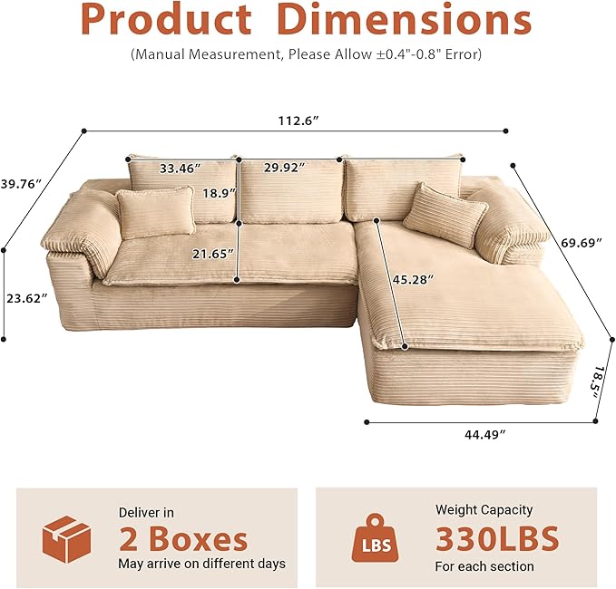 113 in Oversized Cloud Sofa with L Shape Chaise, Sectional Couches for Living Room, Assembly Free Modular Comfy Corduroy Sofa with Right Facing Chaise Longue for Home Apartment (Right Chaise, Beige)
